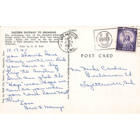 Postcard Eastern Gateway to Arkansas, Memphis-Arkansas Bridge Chrome Posted - Picture 2 of 2